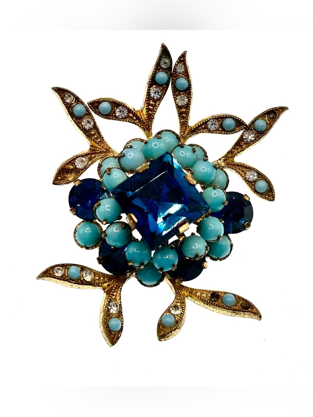 Rare Signed Maryse Blanchard Paris Austria Blue Rhinestone Starburst Brooch MCM